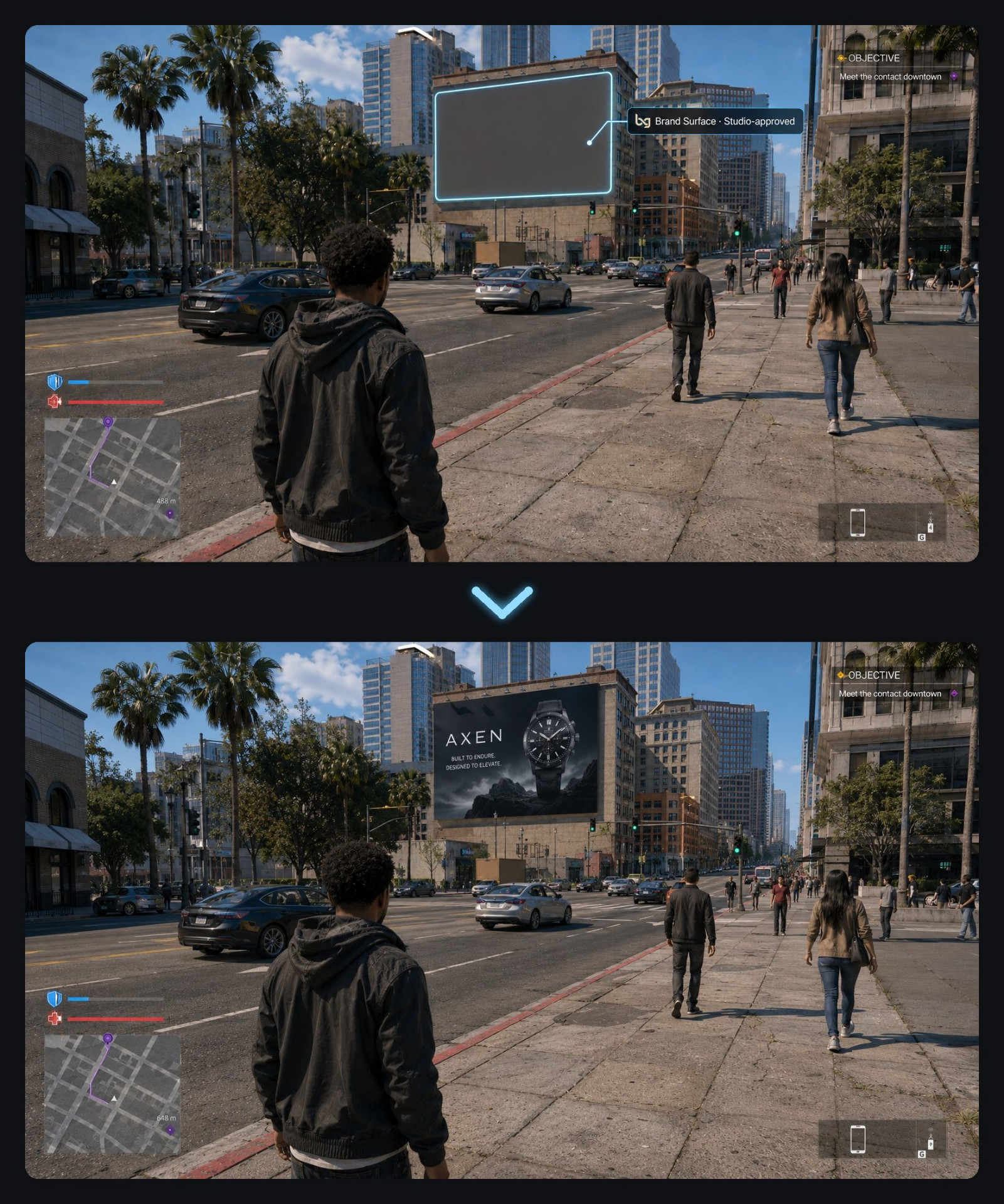 Before / after placement — Open World
