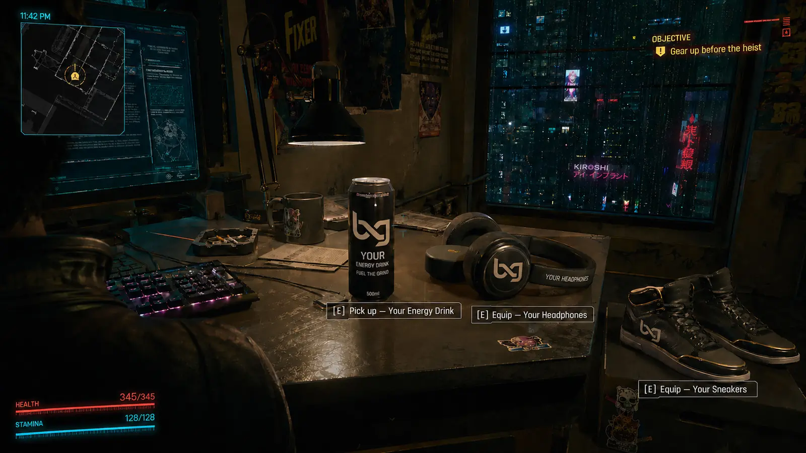 3D placement example — product objects in cyberpunk world